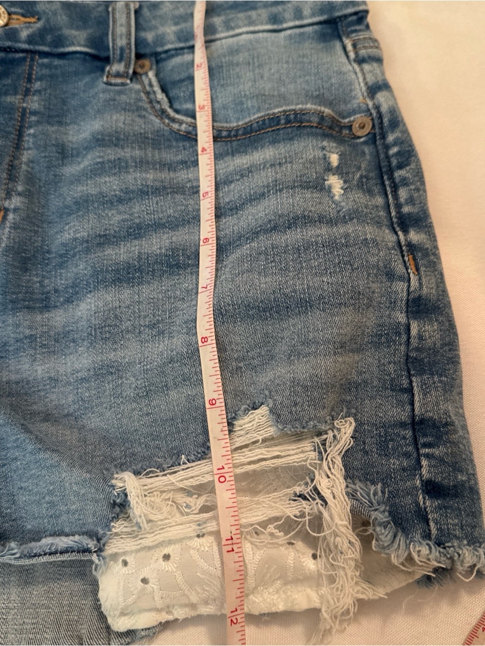 American Eagle Outfitters Light Blue Distressed Denim Shorts with White Lace - Picture 10 of 12